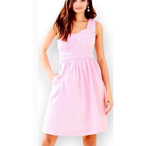 Lilly Pulitzer Plus Addison Dress in Pink Tropics Seersucker Fit & Flare Size 14 - Picture 1 of 13